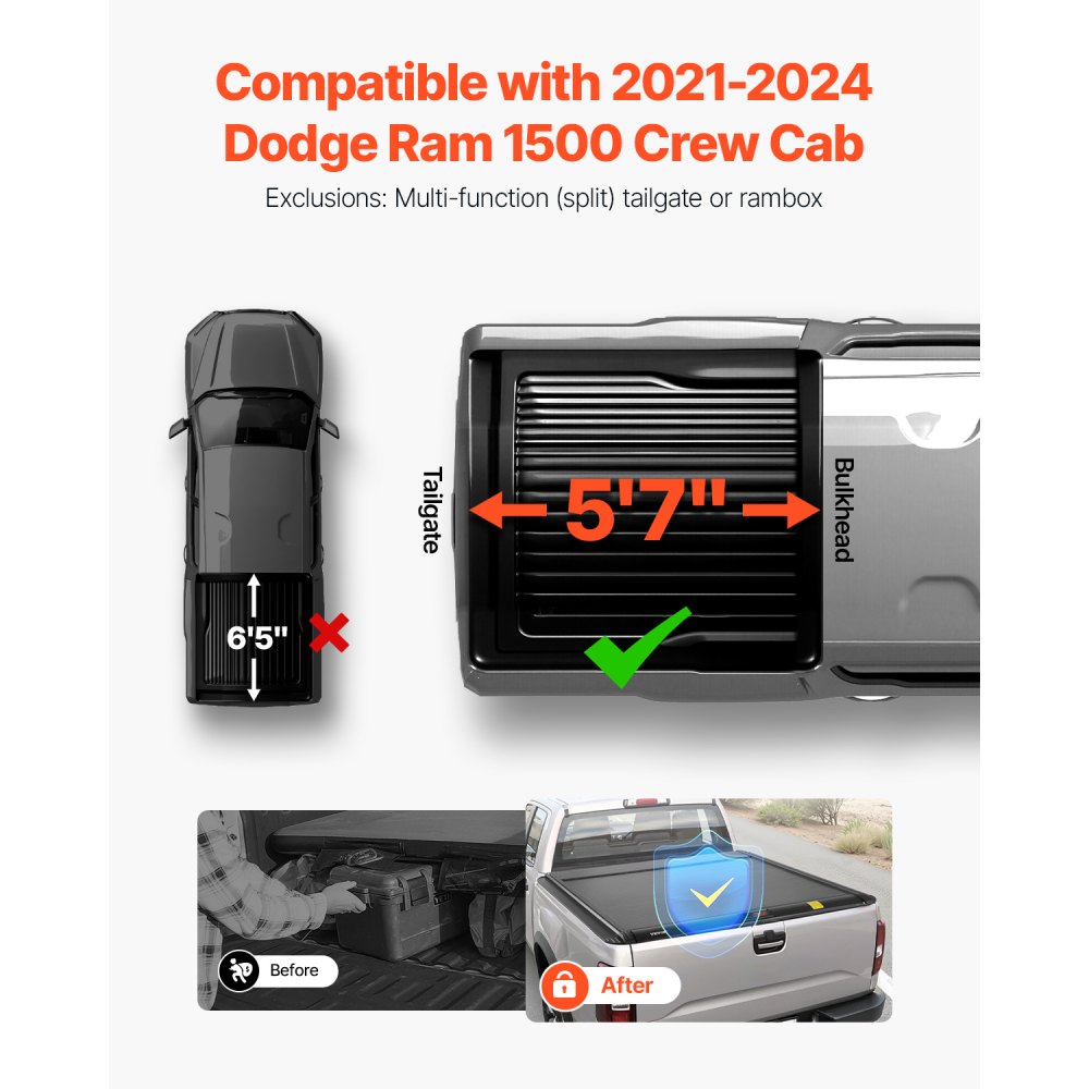 VEVOR Retractable Tonneau Cover, 5.7 ft Hard Retractable Tonneau Cover with Built-in Drainage Pipe for 2021-2024 Dodge Ram 1500 Crew Cab , Customized Hard Tonneau Cover with Double-Lock & T-Slot