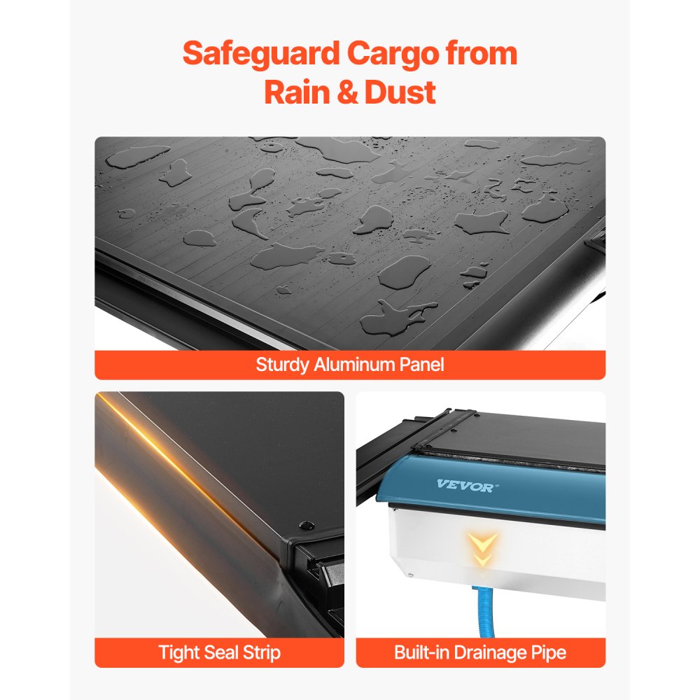 VEVOR Retractable Tonneau Cover, 5.7 ft Hard Retractable Tonneau Cover with Built-in Drainage Pipe for 2021-2024 Dodge Ram 1500 Crew Cab , Customized Hard Tonneau Cover with Double-Lock & T-Slot