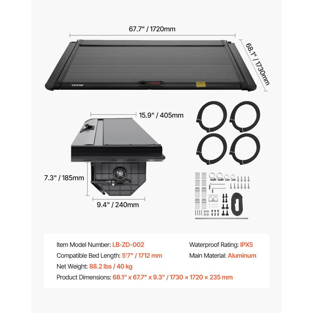 VEVOR Retractable Tonneau Cover, 5.7 ft Hard Retractable Tonneau Cover with Built-in Drainage Pipe for 2021-2024 Dodge Ram 1500 Crew Cab , Customized Hard Tonneau Cover with Double-Lock & T-Slot