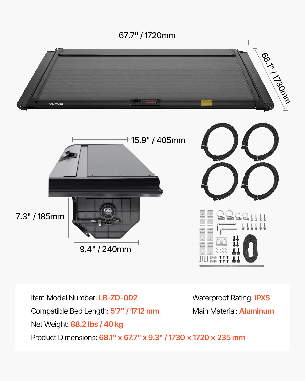 VEVOR Retractable Tonneau Cover, 5.7 ft Hard Retractable Tonneau Cover with Built-in Drainage Pipe for 2021-2024 Dodge Ram 1500 Crew Cab , Customized Hard Tonneau Cover with Double-Lock & T-Slot