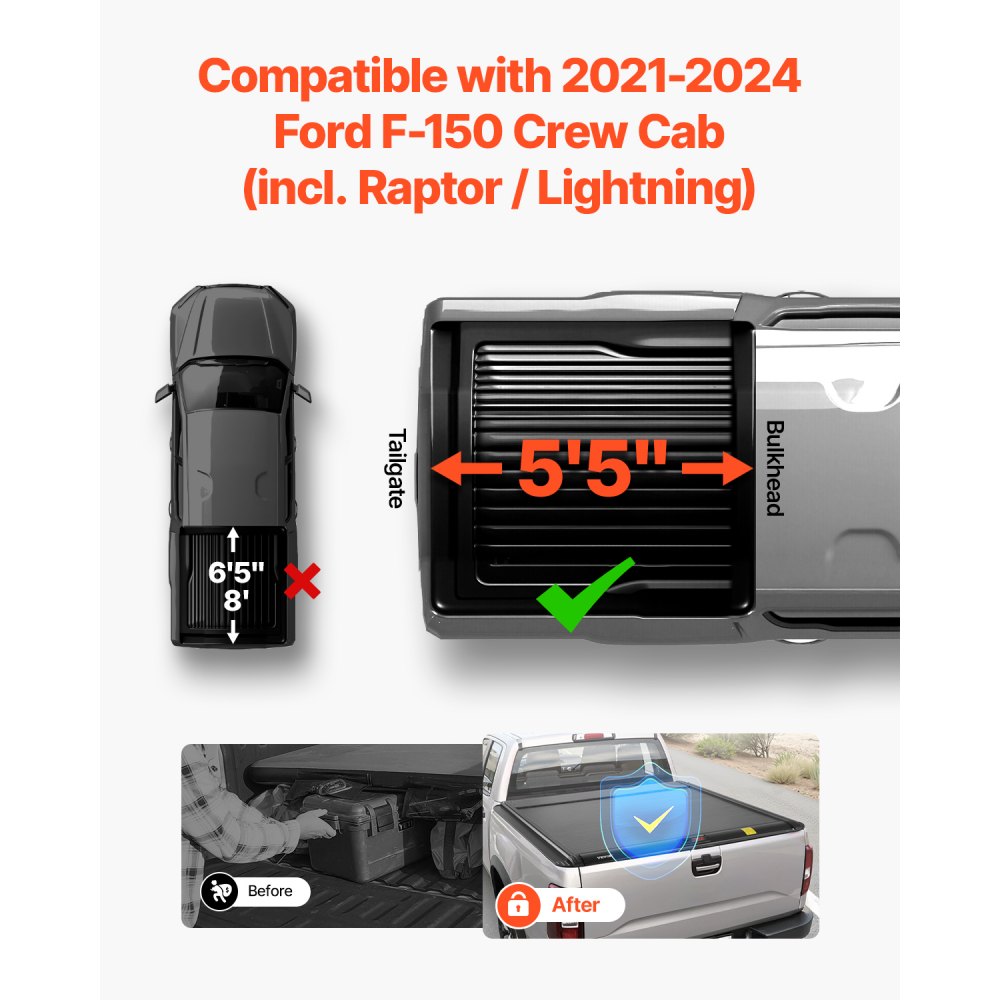 VEVOR Retractable Tonneau Cover, 5.5 ft Hard Retractable Tonneau Cover with Built-in Drainage Pipe for 2021-2024 Ford F-150 Crew Cab , Customized Hard Tonneau Cover with Double-Lock & T-Slot