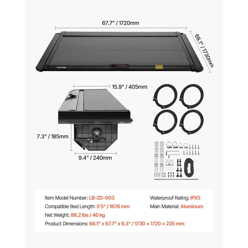 VEVOR Retractable Tonneau Cover, 5.5 ft Hard Retractable Tonneau Cover with Built-in Drainage Pipe for 2021-2024 Ford F-150 Crew Cab , Customized Hard Tonneau Cover with Double-Lock & T-Slot