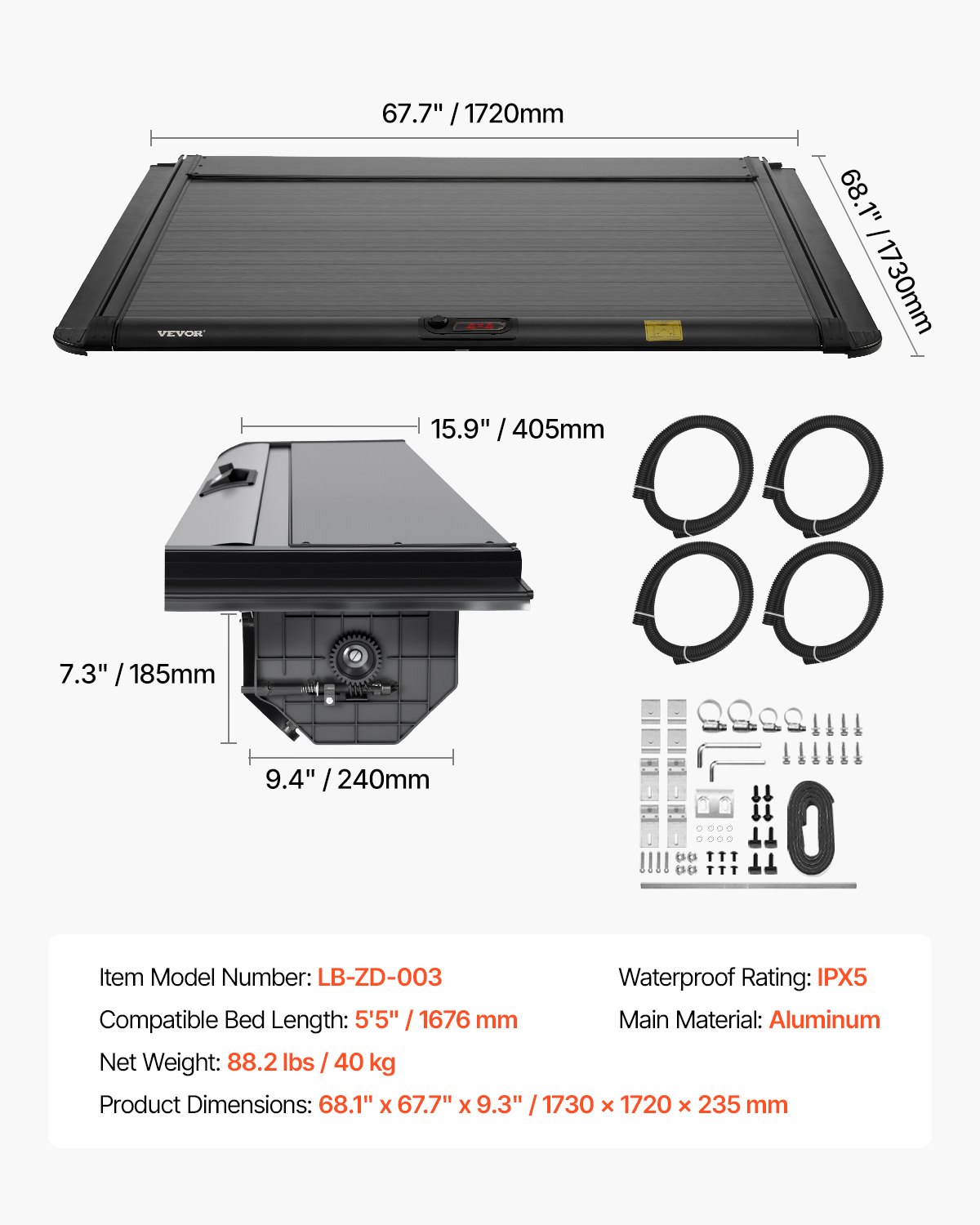 VEVOR Retractable Tonneau Cover, 5.5 ft Hard Retractable Tonneau Cover with Built-in Drainage Pipe for 2021-2024 Ford F-150 Crew Cab , Customized Hard Tonneau Cover with Double-Lock & T-Slot