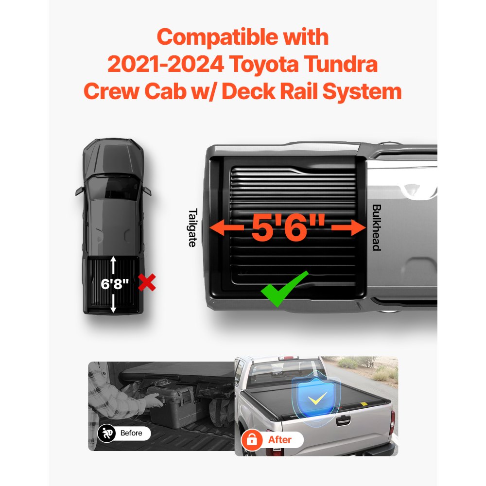 VEVOR Retractable Tonneau Cover, 5.5 ft Retractable Tonneau Cover with Built-in Drainage Pipe for 2021-2024 Toyota Tundra Crew Cab w/ Deck Rail System , Hard Tonneau Cover with Double-Lock & T-Slot