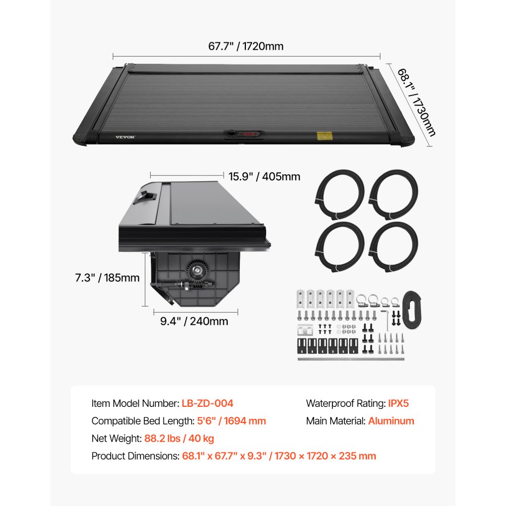 VEVOR Retractable Tonneau Cover, 5.5 ft Retractable Tonneau Cover with Built-in Drainage Pipe for 2021-2024 Toyota Tundra Crew Cab w/ Deck Rail System , Hard Tonneau Cover with Double-Lock & T-Slot