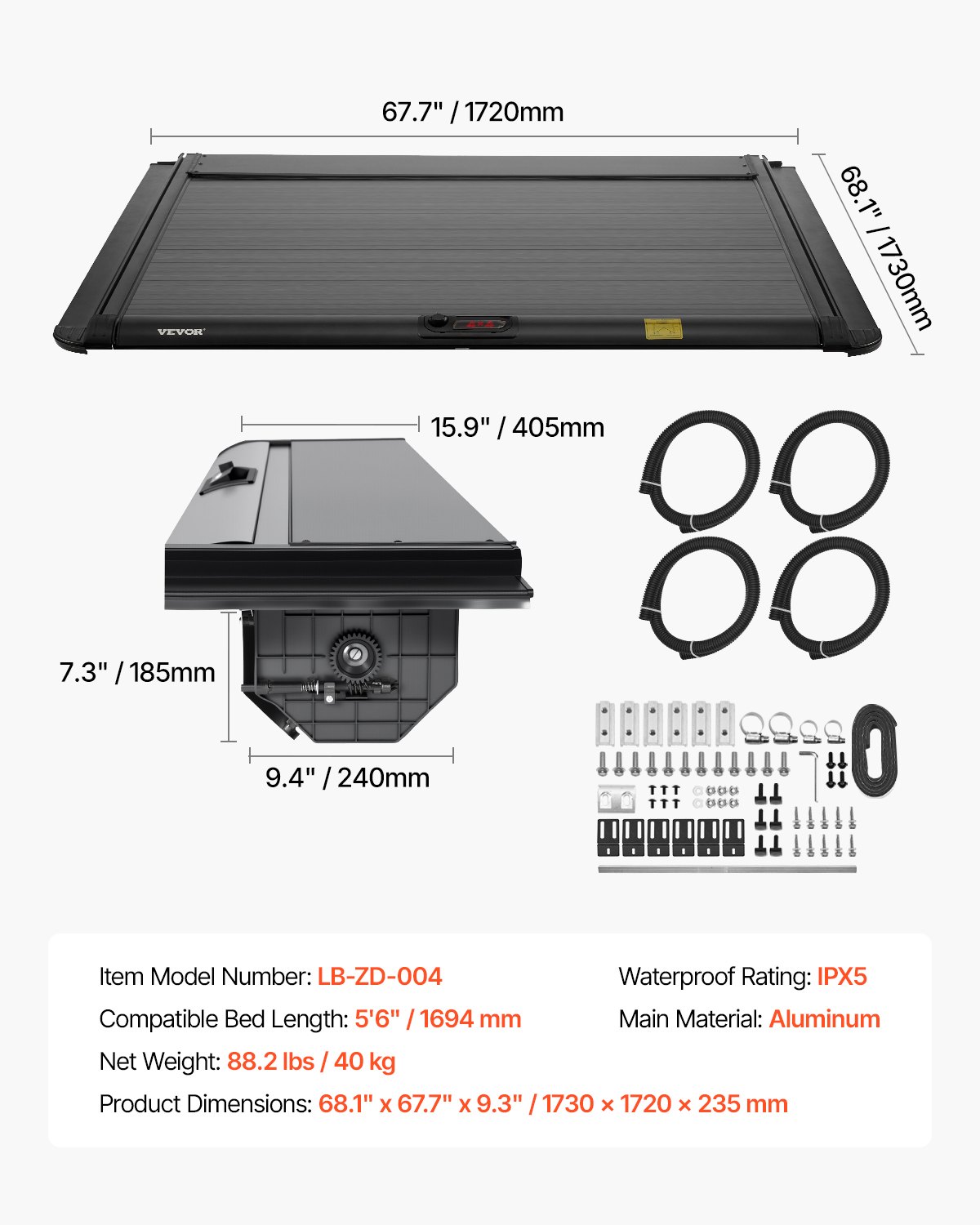 VEVOR Retractable Tonneau Cover, 5.5 ft Retractable Tonneau Cover with Built-in Drainage Pipe for 2021-2024 Toyota Tundra Crew Cab w/ Deck Rail System , Hard Tonneau Cover with Double-Lock & T-Slot