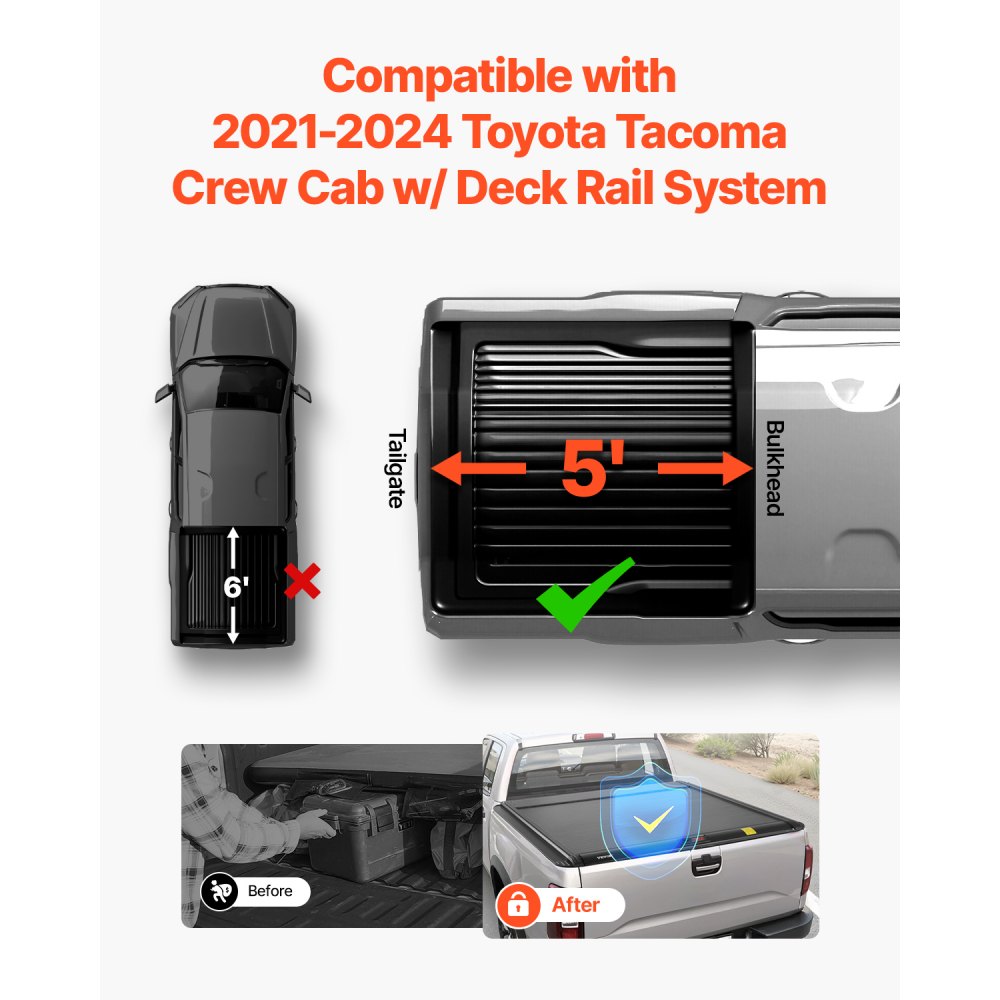 VEVOR Retractable Tonneau Cover, 5.0 ft Retractable Tonneau Cover with Built-in Drainage Pipe for 2021-2024 Toyota Tacoma Crew Cab w/ Deck Rail System , Hard Tonneau Cover with Double-Lock & T-Slot