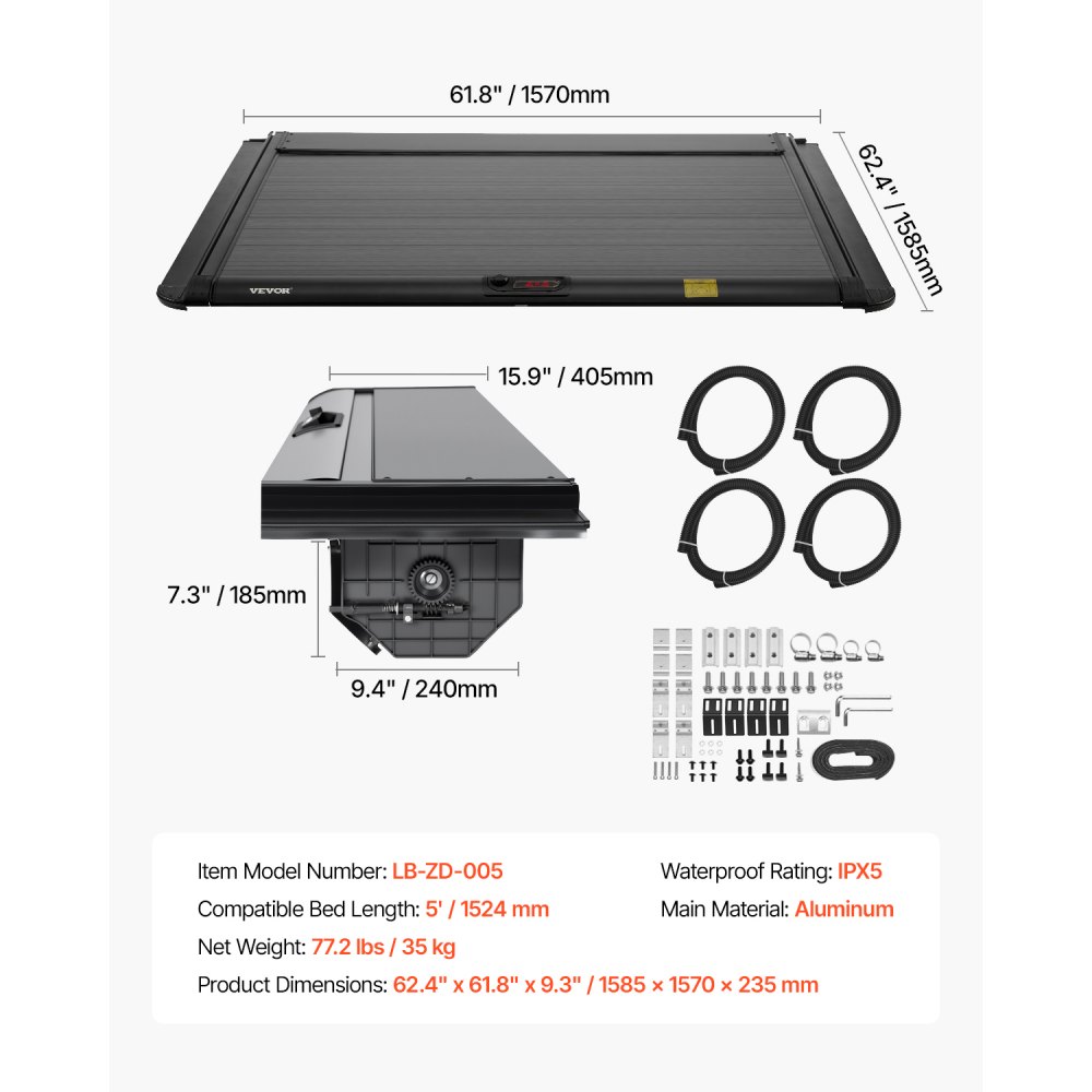 VEVOR Retractable Tonneau Cover, 5.0 ft Retractable Tonneau Cover with Built-in Drainage Pipe for 2021-2024 Toyota Tacoma Crew Cab w/ Deck Rail System , Hard Tonneau Cover with Double-Lock & T-Slot