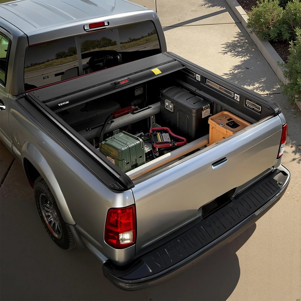 VEVOR Retractable Tonneau Cover, 5.0 ft Retractable Tonneau Cover with Built-in Drainage Pipe for 2021-2024 Toyota Tacoma Crew Cab w/ Deck Rail System , Hard Tonneau Cover with Double-Lock & T-Slot