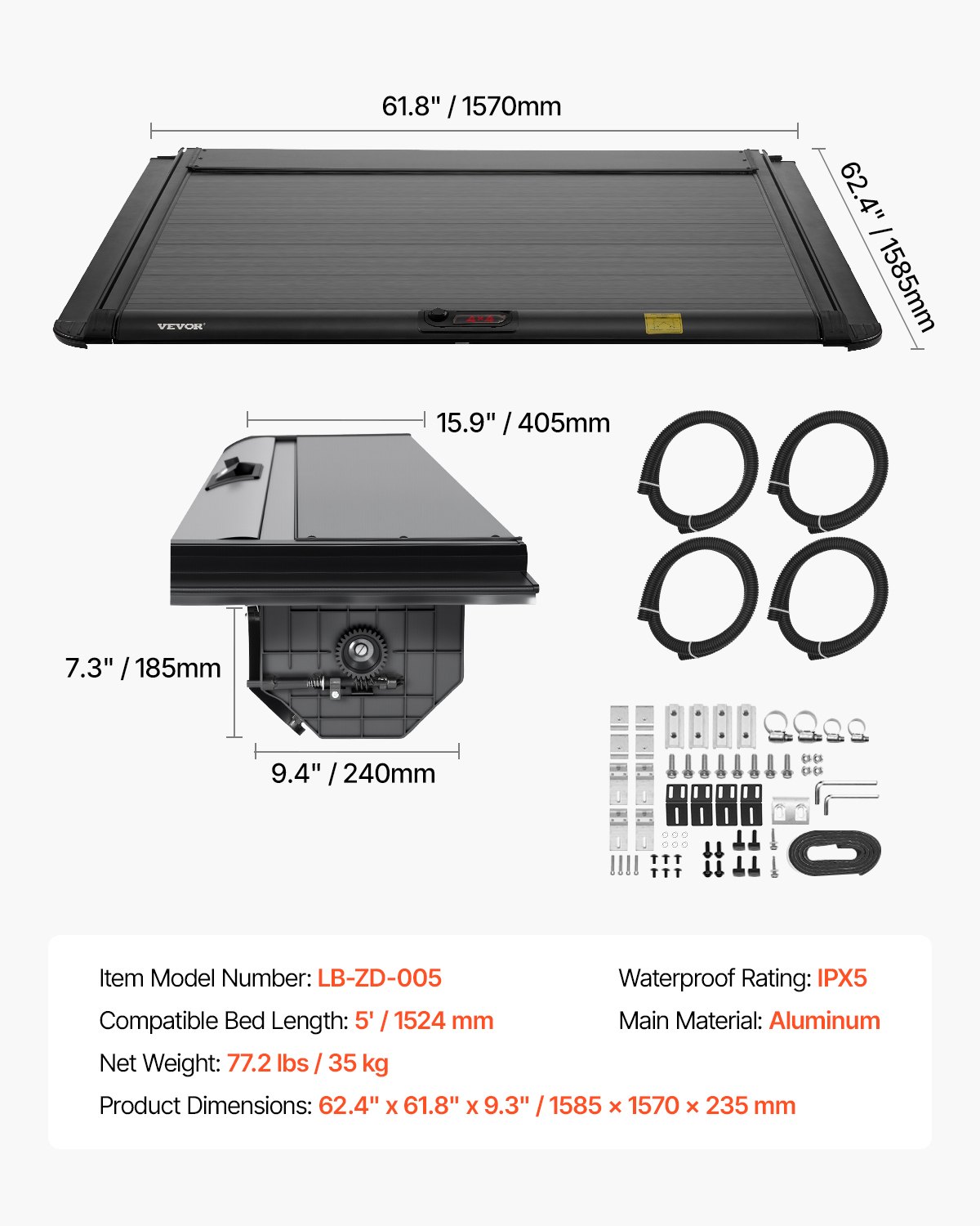 VEVOR Retractable Tonneau Cover, 5.0 ft Retractable Tonneau Cover with Built-in Drainage Pipe for 2021-2024 Toyota Tacoma Crew Cab w/ Deck Rail System , Hard Tonneau Cover with Double-Lock & T-Slot