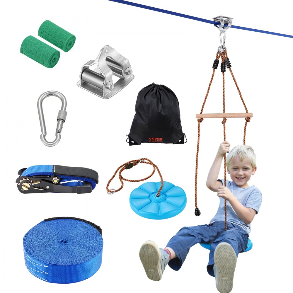 VEVOR zip line kit includes line, handle, roller, harness, seat disk, carabiner, straps, and carry bag.