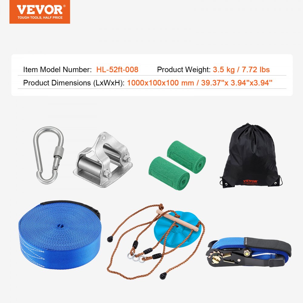 VEVOR zip line kit with carabiner, steel trolley, blue strap, handlebar, two green tapes, and black bag.