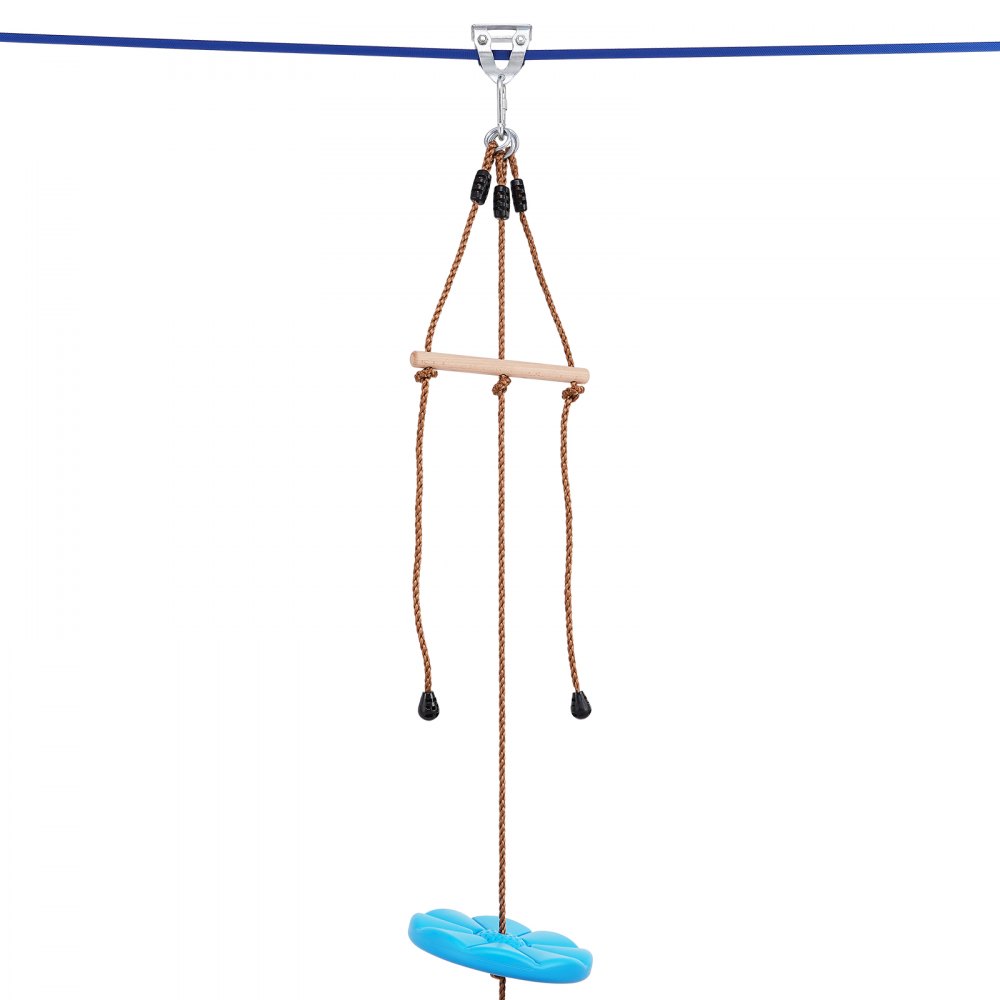 VEVOR zip line kit with blue seat, wooden handle, and brown ropes connected to steel trolley.