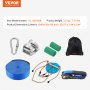 VEVOR zip line kit with carabiner, steel trolley, blue strap, handlebar, two green tapes, and black bag.