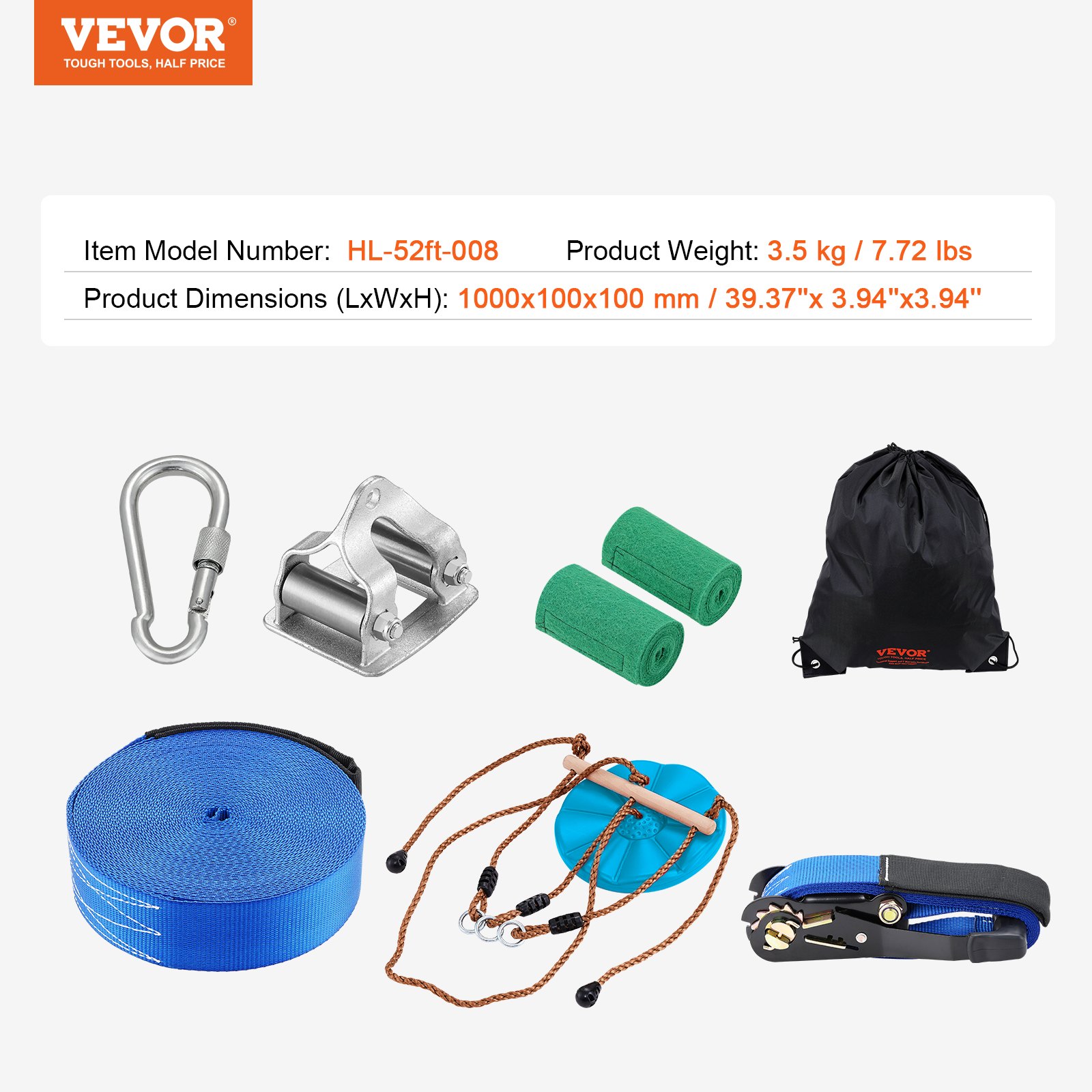 VEVOR zip line kit with carabiner, steel trolley, blue strap, handlebar, two green tapes, and black bag.
