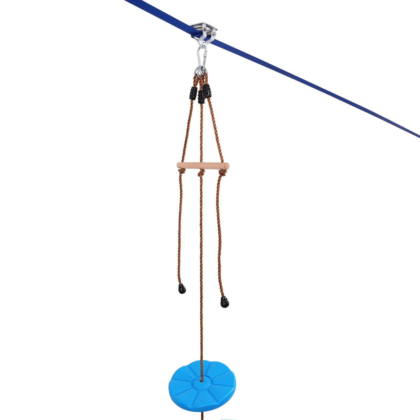 blue VEVOR zip line kit with wooden handle and blue seat, attached to a sturdy cable.