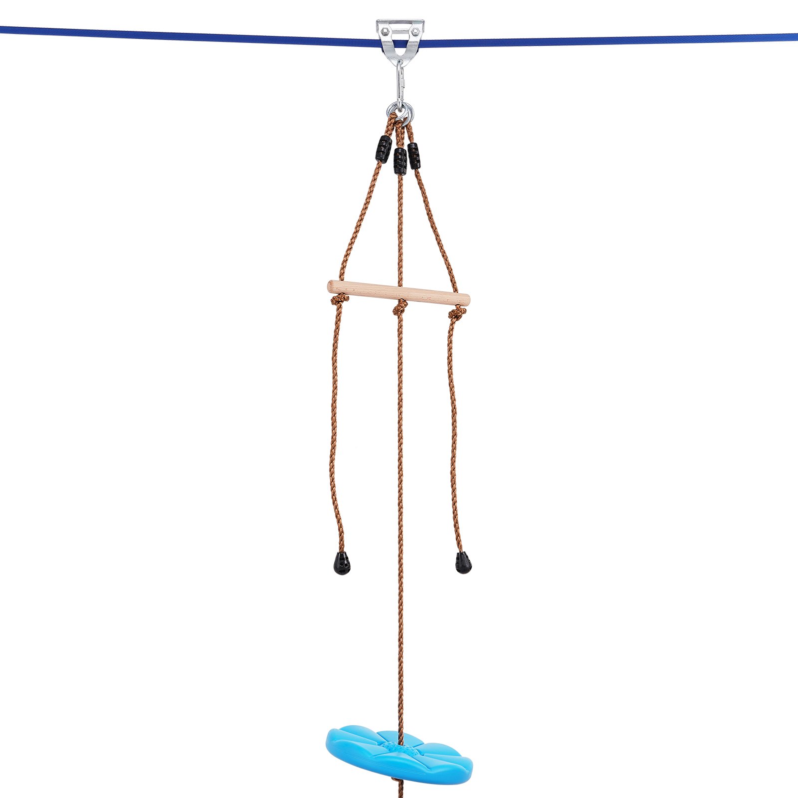VEVOR zip line kit with blue seat, wooden handle, and brown ropes connected to steel trolley.