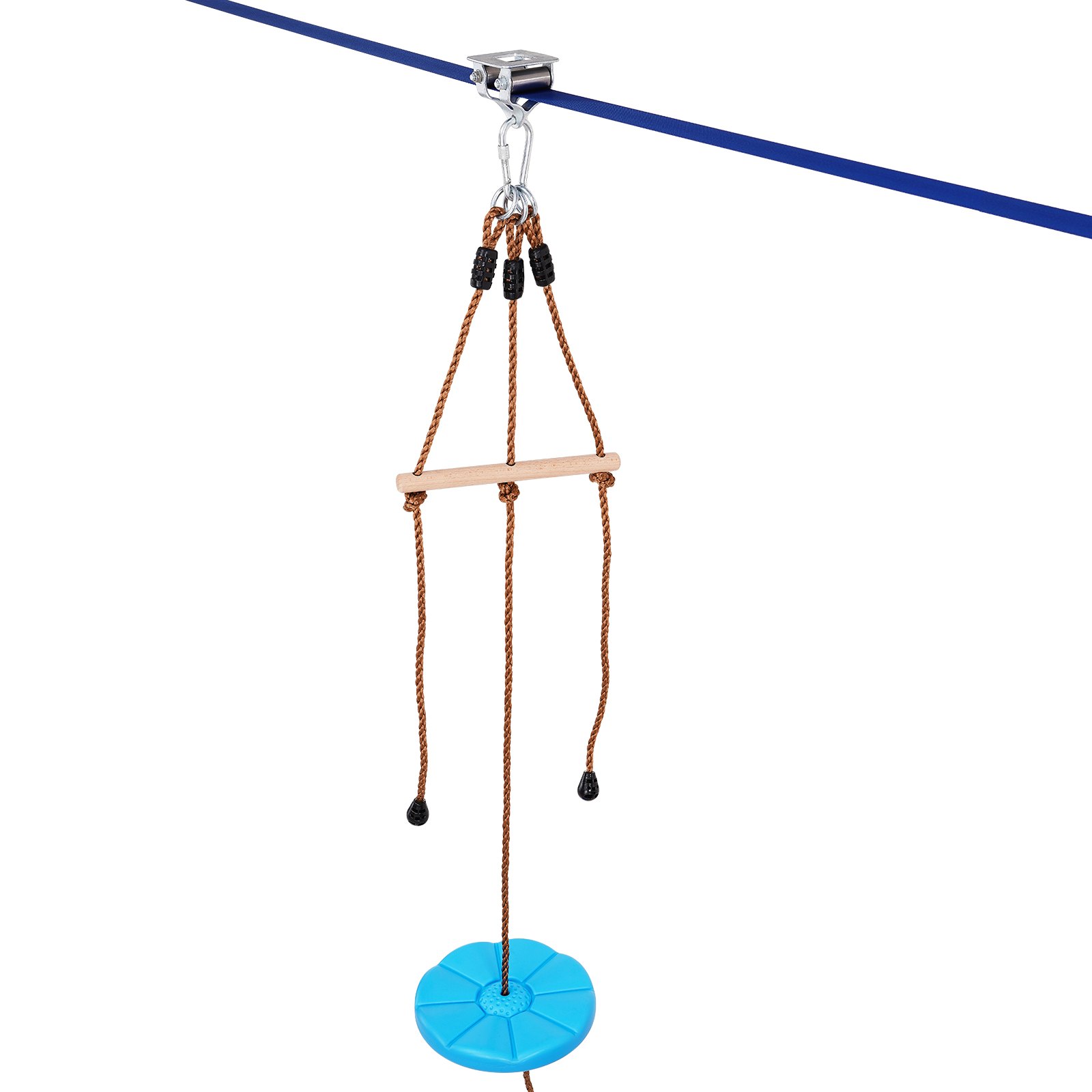 VEVOR zip line kit with wooden handlebar, blue seat, and sturdy ropes for outdoor fun.