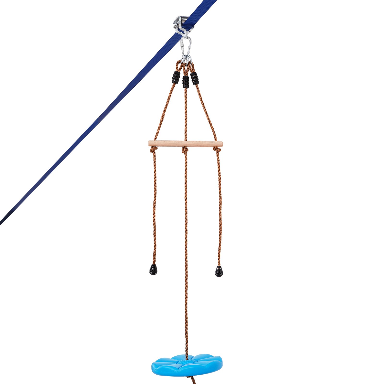 VEVOR zip line kit with blue disc seat and wooden handlebar for outdoor fun and adventure.