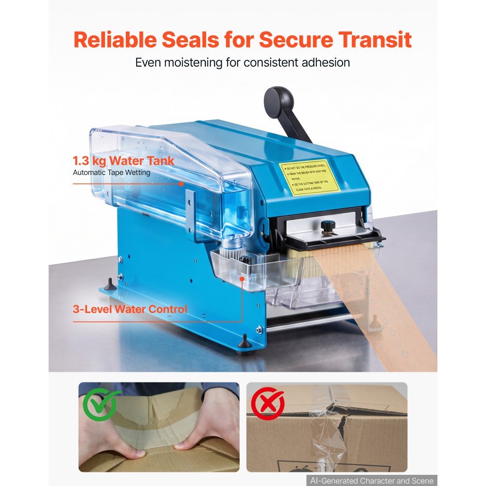 VEVOR Water-Activated Tape Dispenser 4–40 Inch Kraft Gummed Tape Cutter, 10.2–101.6cm Adjustable Cut Length, 40–100mm Tape Width, Manual Water-Activated Tape Cutter for Carton Sealing & Box Packing
