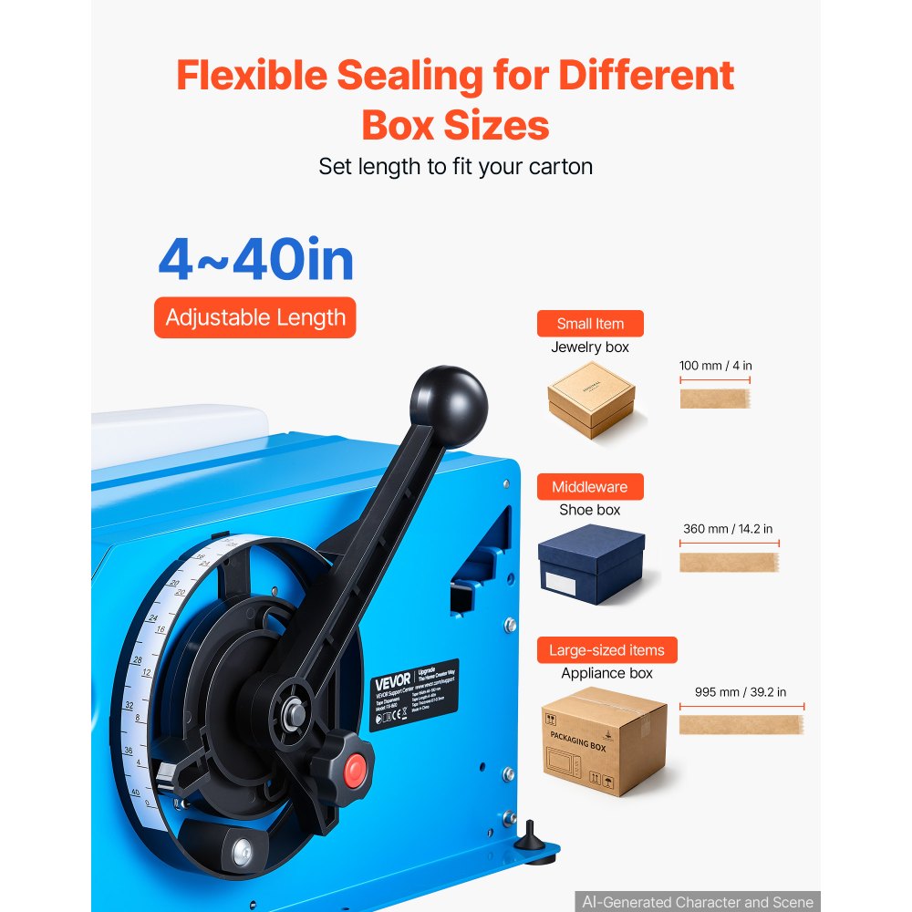 VEVOR Water-Activated Tape Dispenser 4–40 Inch Kraft Gummed Tape Cutter, 10.2–101.6cm Adjustable Cut Length, 40–100mm Tape Width, Manual Water-Activated Tape Cutter for Carton Sealing & Box Packing
