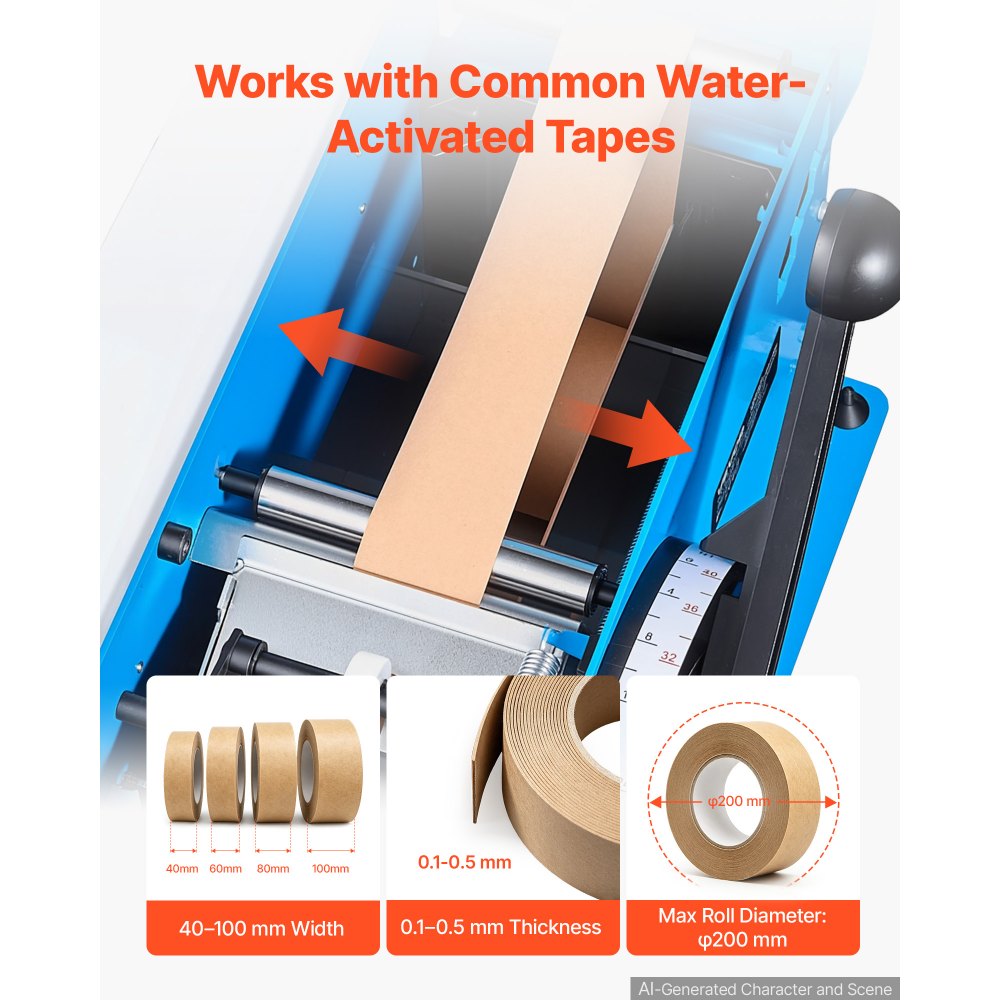 VEVOR Water-Activated Tape Dispenser 4–40 Inch Kraft Gummed Tape Cutter, 10.2–101.6cm Adjustable Cut Length, 40–100mm Tape Width, Manual Water-Activated Tape Cutter for Carton Sealing & Box Packing