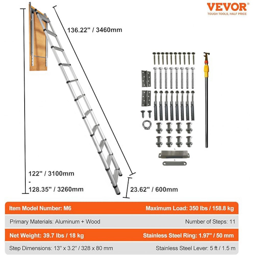 VEVOR attic ladder with dimensions, screws, and installation lever, supports 350 lbs, 11 steps aluminum.