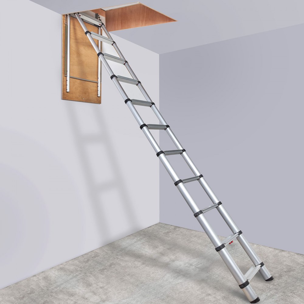 VEVOR attic ladder extends from ceiling hatch, showcasing aluminum construction and sturdy design.