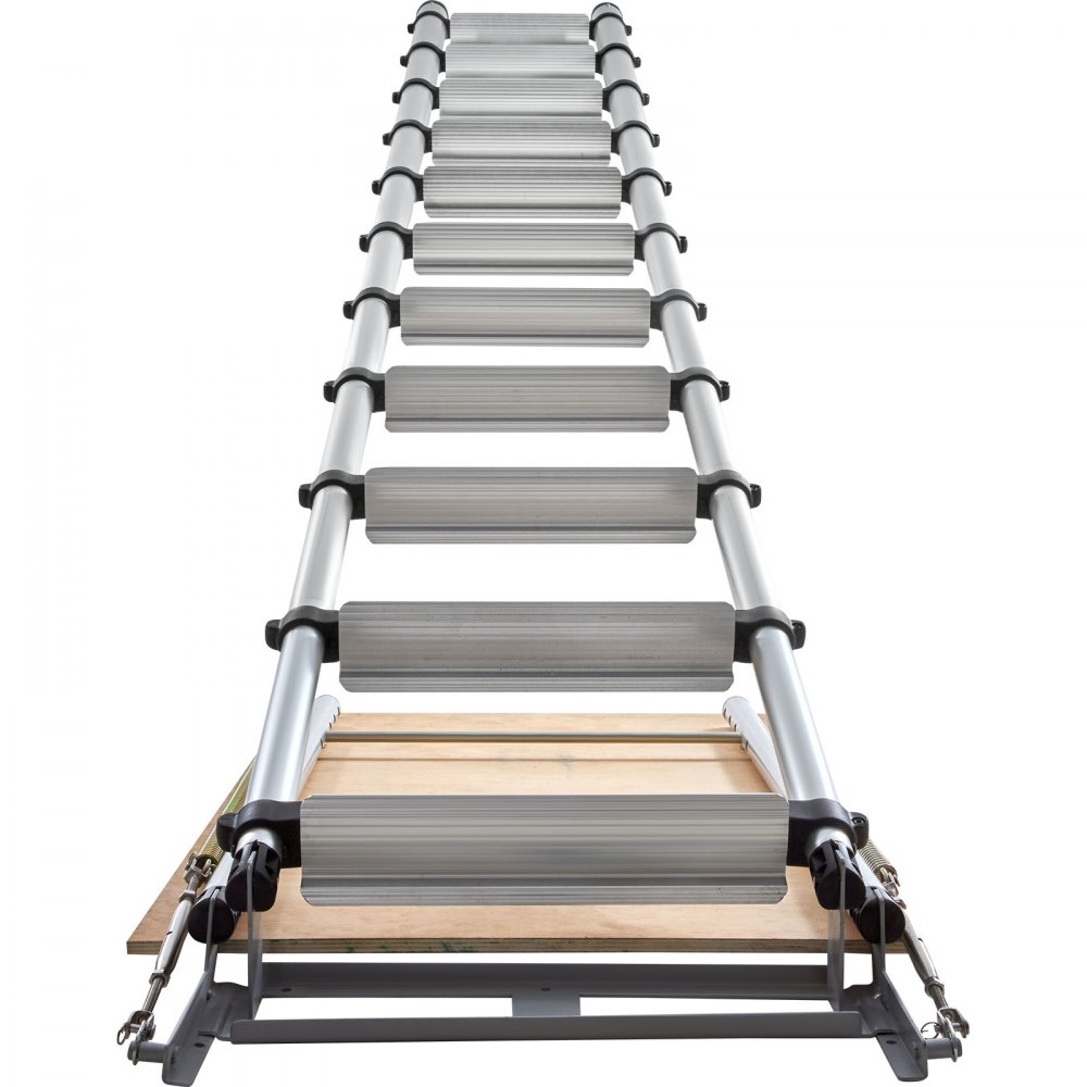 VEVOR attic ladder extends from a wooden base with aluminum steps and side rails.