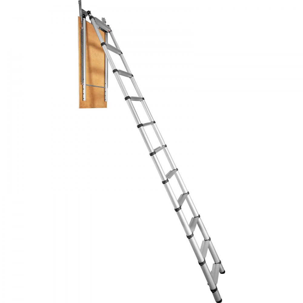 compact folding VEVOR attic ladder with metal steps extending from a wooden hatch door.