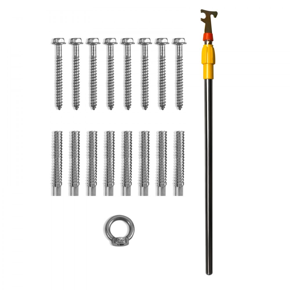 screws, dowels, installation pole, and ring for VEVOR attic ladder assembly on white background.