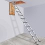 VEVOR attic ladder extends from ceiling hatch, showcasing aluminum construction and sturdy design.
