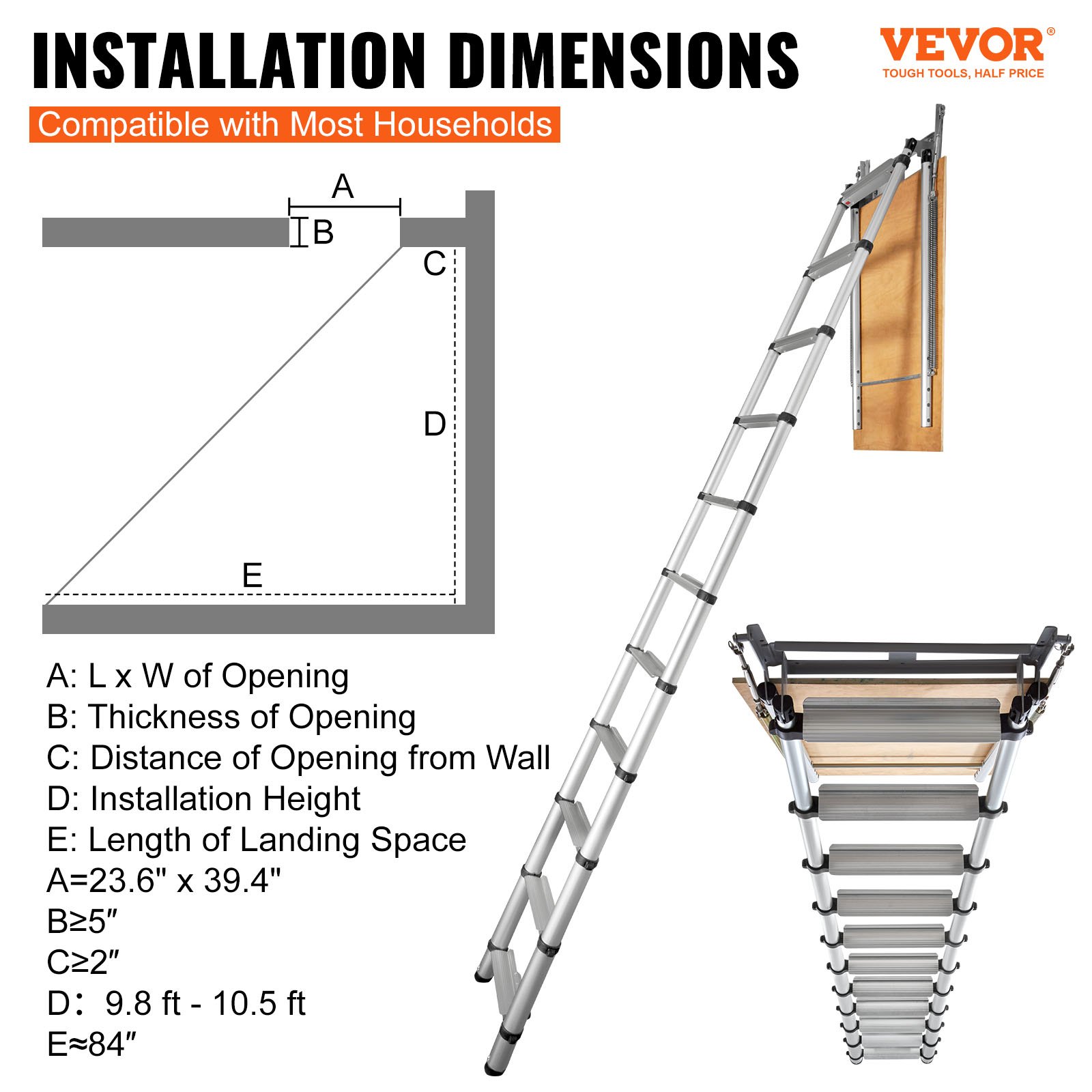 VEVOR Attic Ladder Telescoping, 350-pound Capacity, 39.37" x 23.6", Multi-Purpose Aluminium Extension, Lightweight and Portable, Fits 9.8'-10.5' Ceiling Heights, Convenient Access to Your Attic Standa