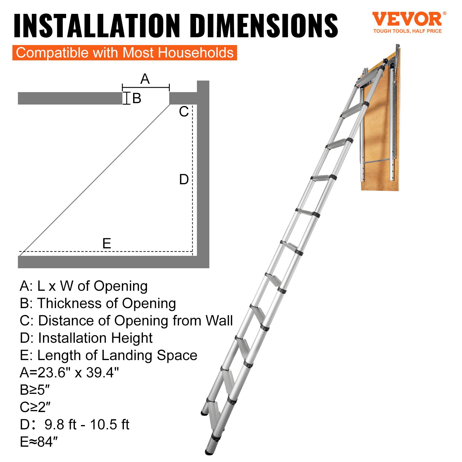 VEVOR attic ladder installation dimensions chart, compatible with most households.