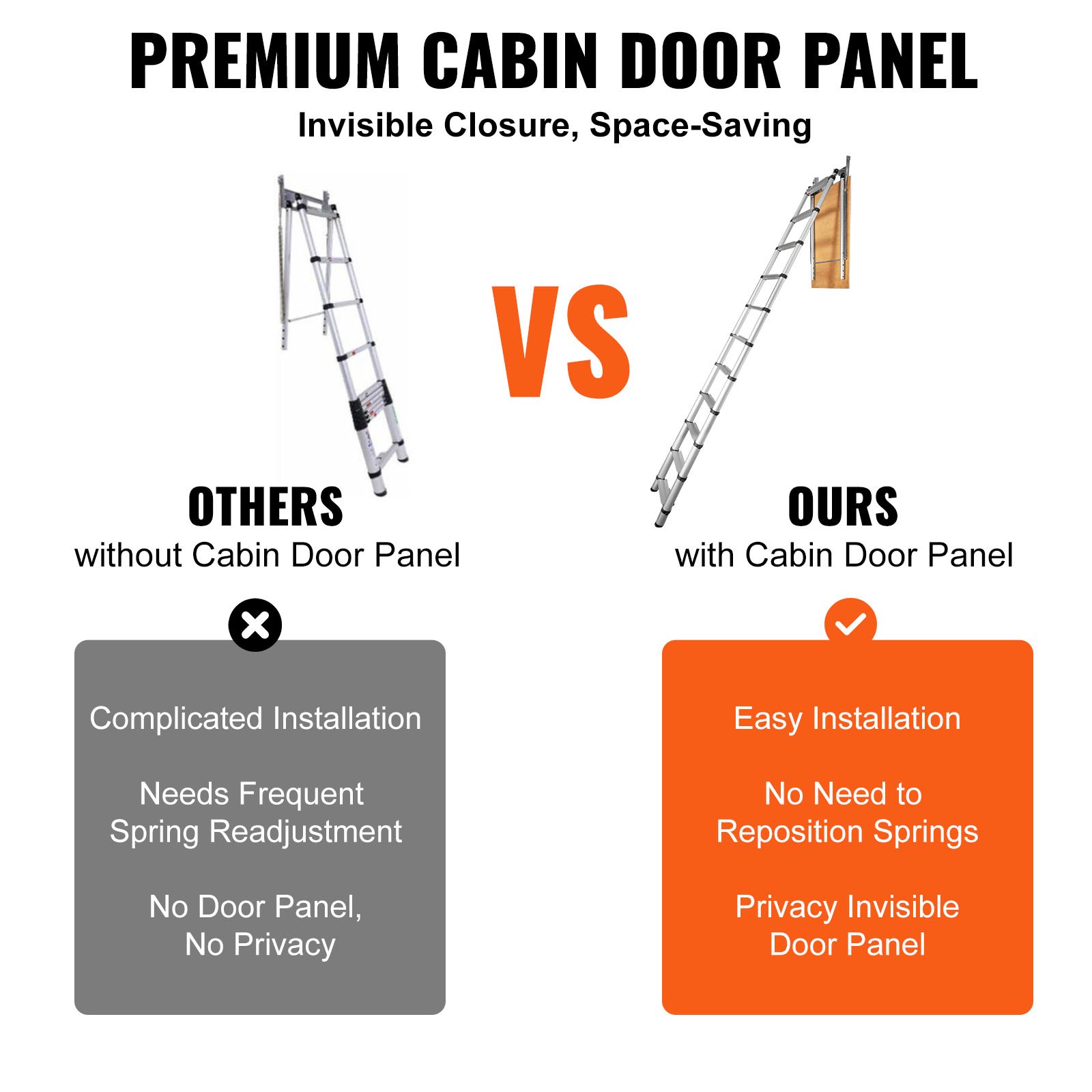 VEVOR attic ladder comparison showing features with and without a cabin door panel for easy installation.