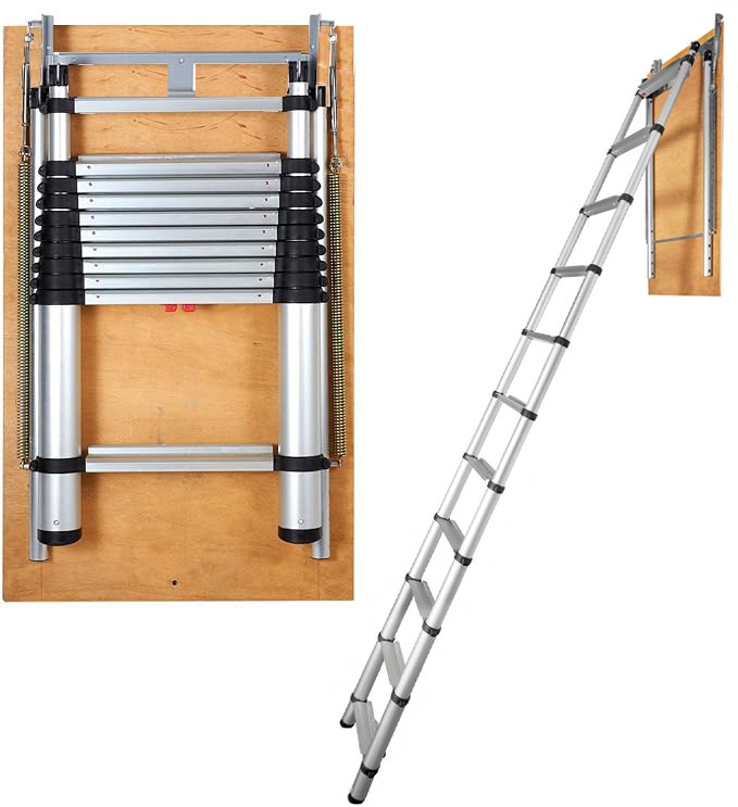 complimentary lever hook for VEVOR attic ladder with grip safety lock, 8cm gap shown for extension.
