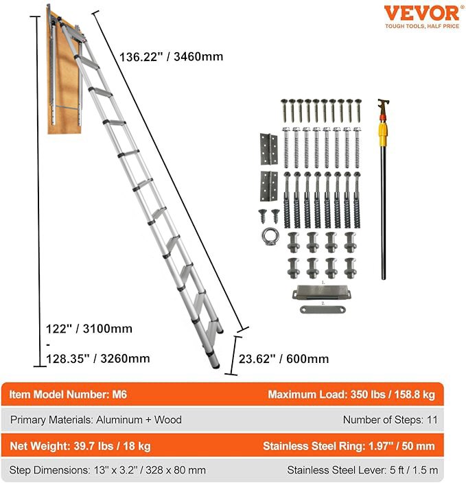 VEVOR attic ladder with dimensions, screws, and installation lever, supports 350 lbs, 11 steps aluminum.