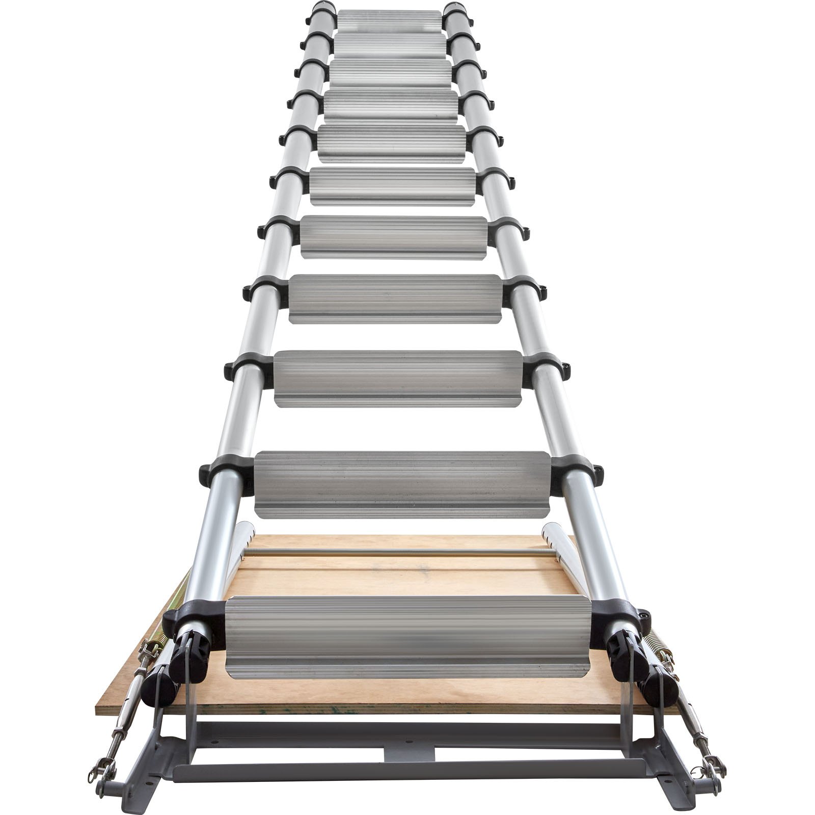 VEVOR attic ladder extends from a wooden base with aluminum steps and side rails.