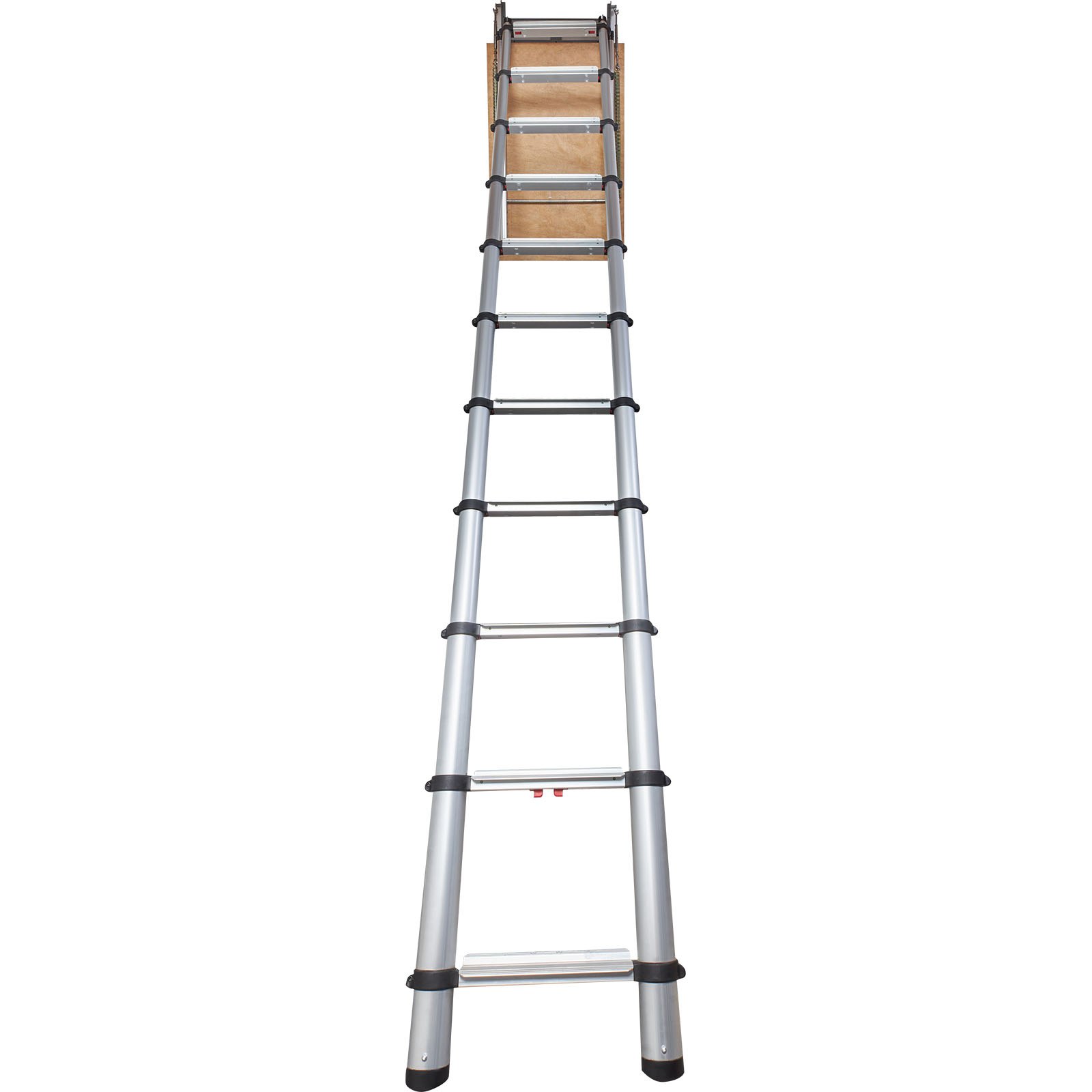 VEVOR attic ladder extending from ceiling hatch with aluminum steps and supports.