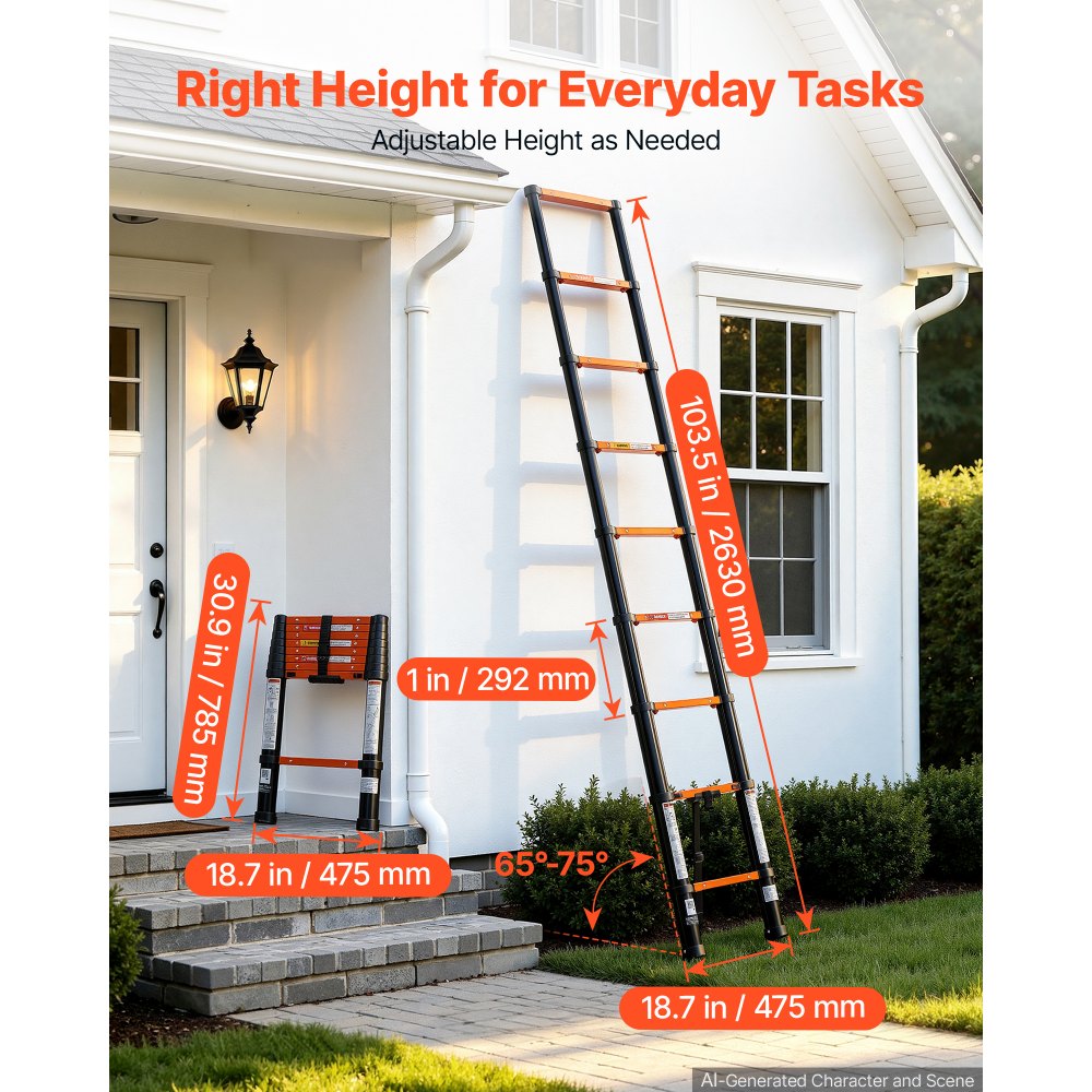 VEVOR Telescoping Ladder, 263 cm Extension Ladder One-Button Retraction, Heavy-Duty 150 kg Capacity, for Home Repairs, Painting, Window Cleaning and RV, Aluminum, Anti-Slip Steps, Orange & Black