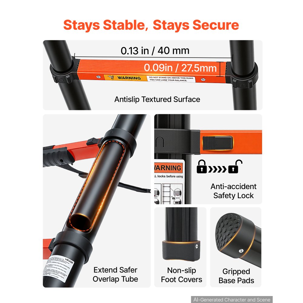 VEVOR Telescoping Ladder, 263 cm Extension Ladder One-Button Retraction, Heavy-Duty 150 kg Capacity, for Home Repairs, Painting, Window Cleaning and RV, Aluminum, Anti-Slip Steps, Orange & Black