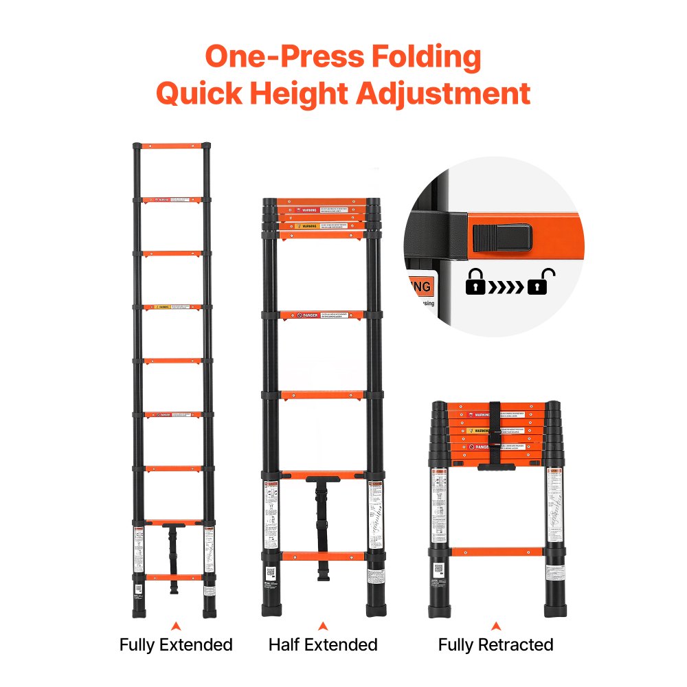 VEVOR Telescoping Ladder, 263 cm Extension Ladder One-Button Retraction, Heavy-Duty 150 kg Capacity, for Home Repairs, Painting, Window Cleaning and RV, Aluminum, Anti-Slip Steps, Orange & Black