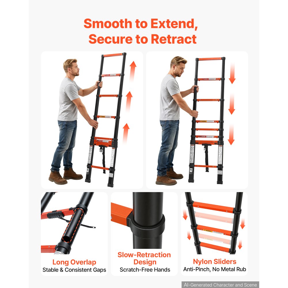 VEVOR Telescoping Ladder, 263 cm Extension Ladder One-Button Retraction, Heavy-Duty 150 kg Capacity, for Home Repairs, Painting, Window Cleaning and RV, Aluminum, Anti-Slip Steps, Orange & Black