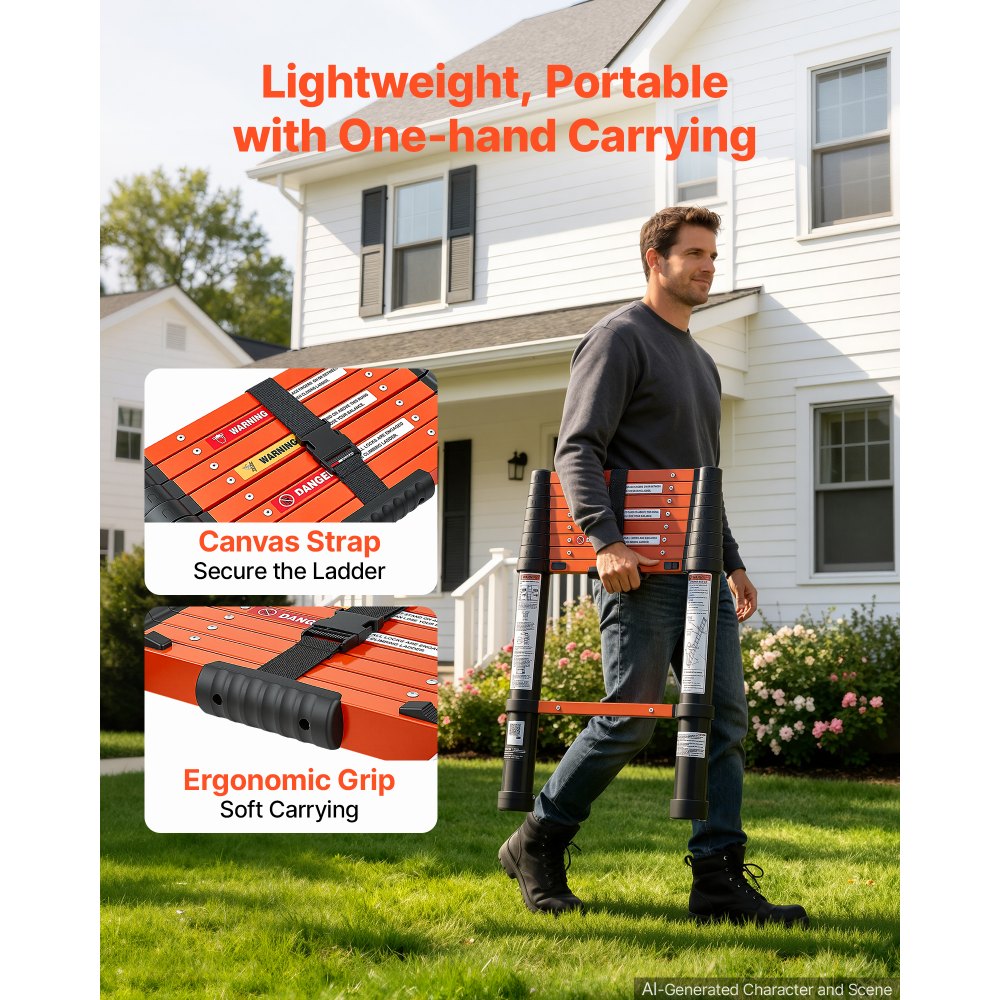 VEVOR Telescoping Ladder, 263 cm Extension Ladder One-Button Retraction, Heavy-Duty 150 kg Capacity, for Home Repairs, Painting, Window Cleaning and RV, Aluminum, Anti-Slip Steps, Orange & Black