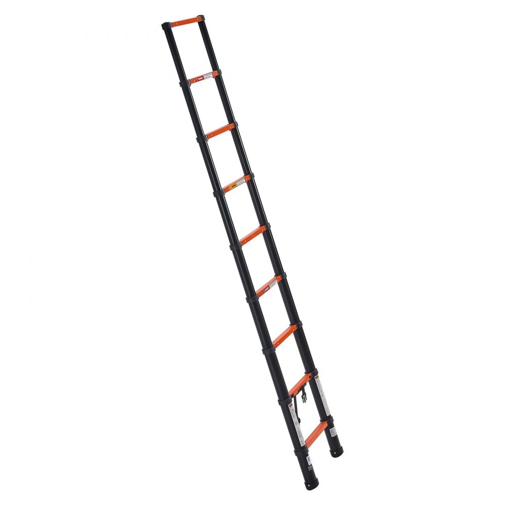 VEVOR Telescoping Ladder, 263 cm Extension Ladder One-Button Retraction, Heavy-Duty 150 kg Capacity, for Home Repairs, Painting, Window Cleaning and RV, Aluminum, Anti-Slip Steps, Orange & Black