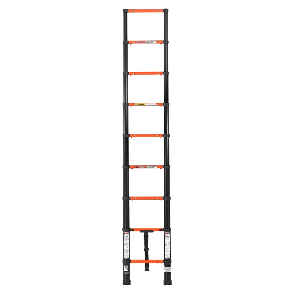 VEVOR Telescoping Ladder, 263 cm Extension Ladder One-Button Retraction, Heavy-Duty 150 kg Capacity, for Home Repairs, Painting, Window Cleaning and RV, Aluminum, Anti-Slip Steps, Orange & Black