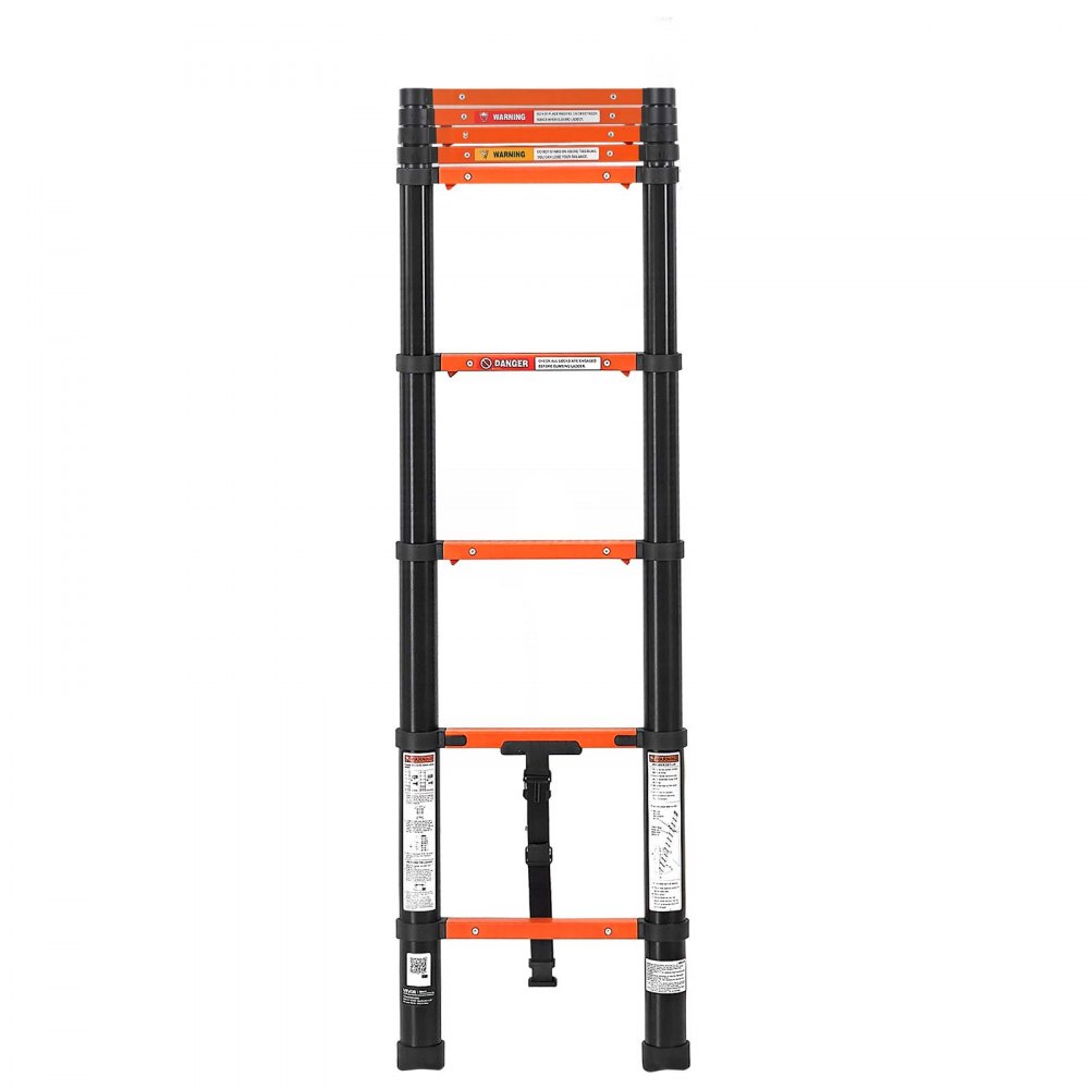 VEVOR Telescoping Ladder, 263 cm Extension Ladder One-Button Retraction, Heavy-Duty 150 kg Capacity, for Home Repairs, Painting, Window Cleaning and RV, Aluminum, Anti-Slip Steps, Orange & Black