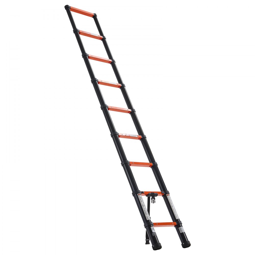 VEVOR Telescoping Ladder, 263 cm Extension Ladder One-Button Retraction, Heavy-Duty 150 kg Capacity, for Home Repairs, Painting, Window Cleaning and RV, Aluminum, Anti-Slip Steps, Orange & Black