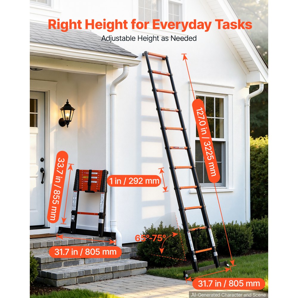 VEVOR Telescoping Ladder, 322 cm Extension Ladder One-Button Retraction, Heavy-Duty 150 kg Capacity, for Home Repairs, Painting, Window Cleaning and RV, Aluminum, Anti-Slip Steps, Orange & Black