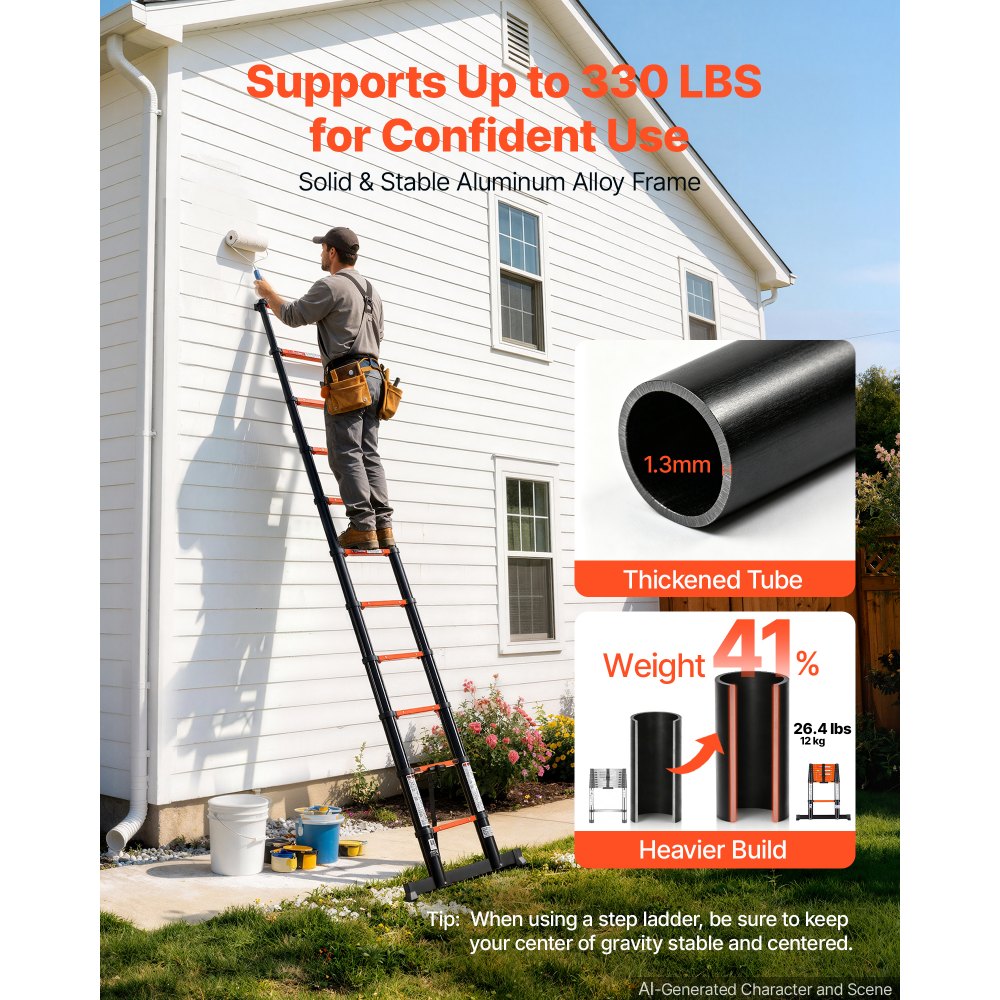VEVOR Telescoping Ladder, 322 cm Extension Ladder One-Button Retraction, Heavy-Duty 150 kg Capacity, for Home Repairs, Painting, Window Cleaning and RV, Aluminum, Anti-Slip Steps, Orange & Black